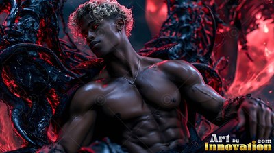 A shirtless man with blond hair leans back on a black throne in red light