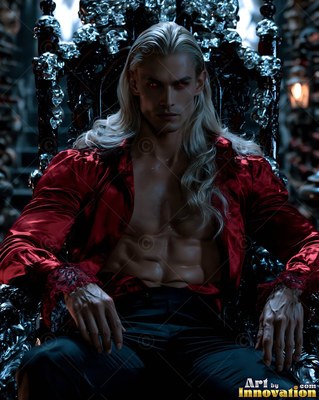 A blond man with red eyes sits on a shadowed throne in an open red shirt