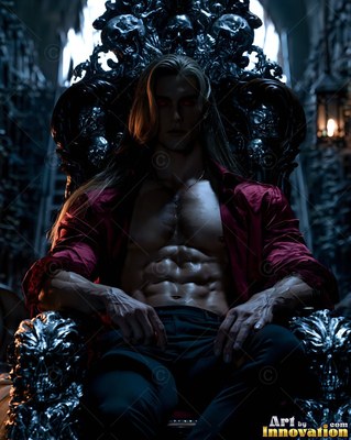 Wearing an open red shirt, a muscular seated man on a dark metal throne in a dim stone hall