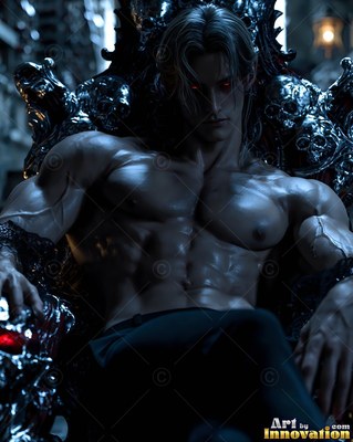 A muscular shirtless man with red eyes sits on a skull throne in cool blue light