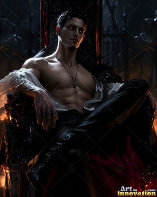 Leaning back on a black throne, a bare-chested man rests in dim red light