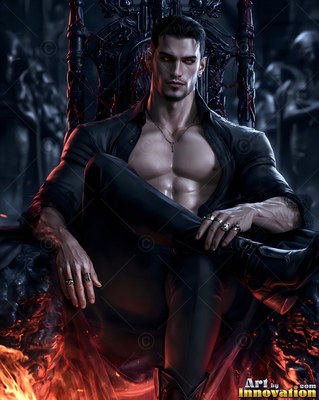 A muscular man in an open black shirt lounges on a dark throne above orange flames