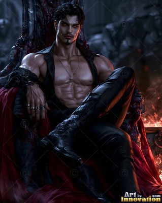 On a shadowed throne, a muscular vampire man is seated in an open black vest and tall boots