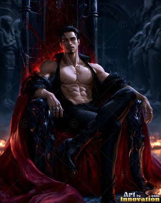 Lounging on a black throne, a shirtless dark-haired man wears an open vest and red cape