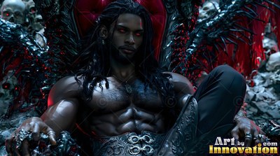 An unshirted man with red eyes leans back on a black throne