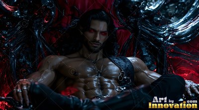 Bare-chested with red eyes, a muscular man rests back in a dark glossy throne with red light behind him