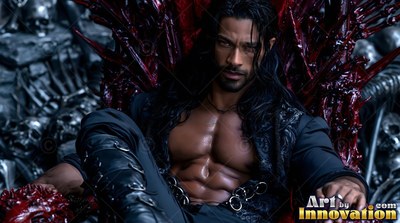 A bare-chested man leans back on a spiky red throne under dim, cool light