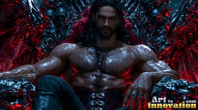 Sitting forward on a dark skull throne, a muscular vampire man stares ahead