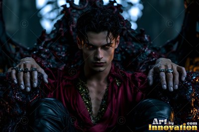 A pale man in a red silk shirt sits on a dark throne with rings on his fingers