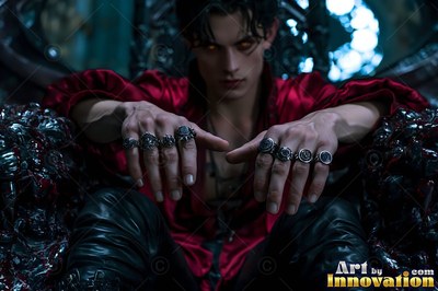 In a dim hall, a fair-skinned man in a red ruffled shirt rests his ringed hands