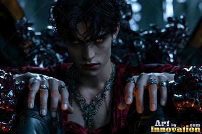 Leaning forward on a deep gray throne, a dark-haired pale-skinned man stares ahead with bright amber eyes
