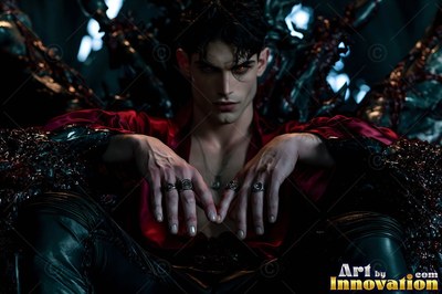 A pale man in a red silk shirt sits on a deep gray throne