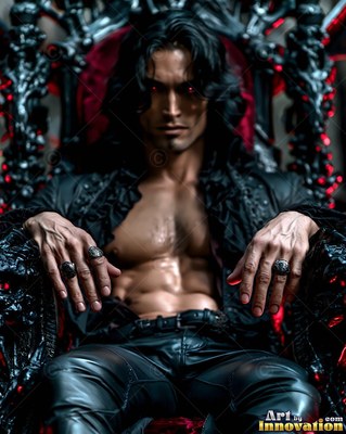 Wearing an open ruffled black shirt, a dark-haired man sits on a carved throne with red light
