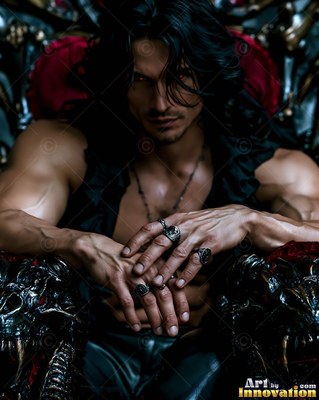 A muscular dark-haired man leans forward on a throne with red eyes in dim light