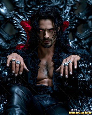 Leaning forward on a black throne, a dark-haired man stares ahead with red eyes
