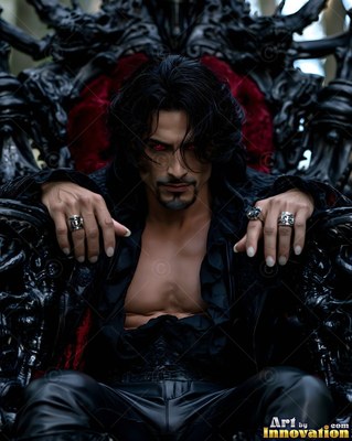 A dark-haired vampire man rests on a black throne wearing an open ruffled shirt