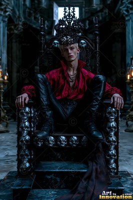 In a dark stone hall, a fair-haired man wearing a red shirt sits on a skull chair