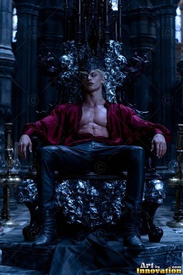 White-skinned man in an open red shirt sits on a dark skull throne