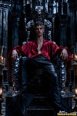 Wearing an open red silk shirt, a golden-haired man rests on a tall skull throne in a dark hall