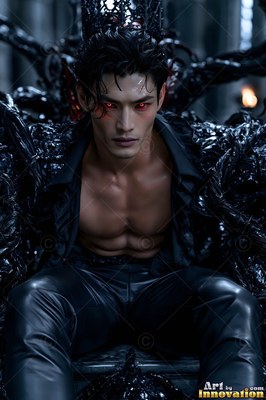A bare-chested man sits on a black throne with his red eyes shining in the dim shadows