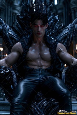 Sitting shirtless on a dark root throne, a muscular vampire man stares ahead with red eyes