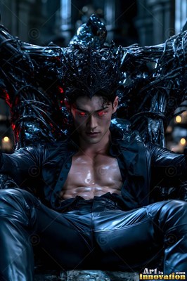 A pale-skinned man with red eyes sits in an open black shirt on a black throne