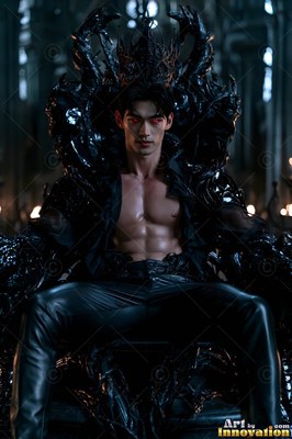 In a dark hall, a bare-chested man in leather pants sits on a black throne