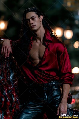 A long-haired man in an open red silk shirt leaning at night