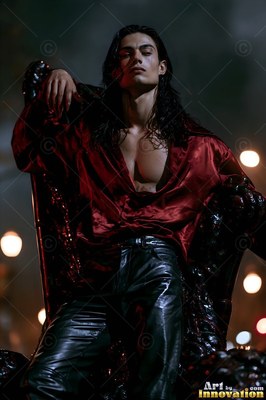 Wearing an open red satin shirt, a long-haired man rests on a black chair under city night lights