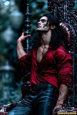 A man with long dark hair leans back against a carved chair in a deep red shirt