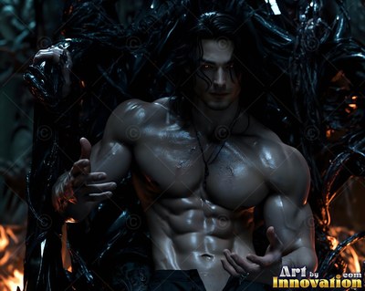 Seated bare-chested on a dark throne, a muscular man reaches forward in dim light