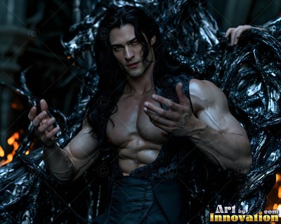 A muscular, fair-skinned man sits on a black throne with his hands held out