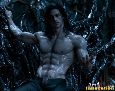 On a dark thorny throne, a muscular light-skinned man sits bare-chested with long black hair