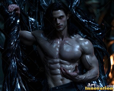 Leaning back on a shiny black throne, a muscular unshirted man looks forward in dim light