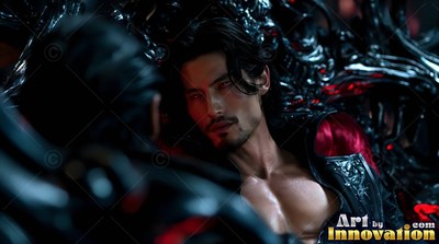 Pale dark-haired man reclines on a glossy black chair