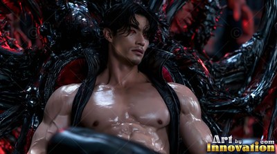 A man without a shirt with red eyes leans back on a glossy black throne in dim light