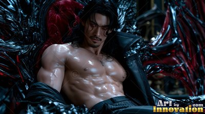 A shirtless muscular man reclines on a dark seat under cool white highlights