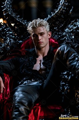 On a dark spiky throne, a blond man reclines in black leather pants and a red cape