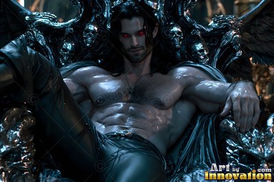 Red eyes gleam on a bare-chested man leaning back on a black throne covered with silver skulls