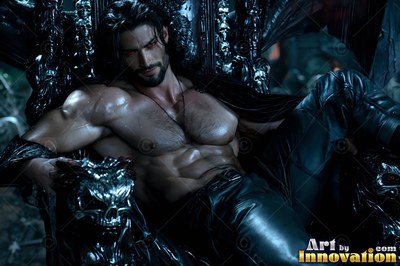 Reclining back on a dark throne, a bare-chested man rests in leather pants