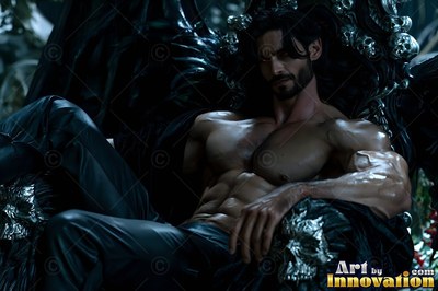 A muscular, shirtless man is seated back on a shadowed throne decorated with silver skulls