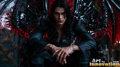 On a black throne with red wings, a pale dark-haired man sits leaning forward