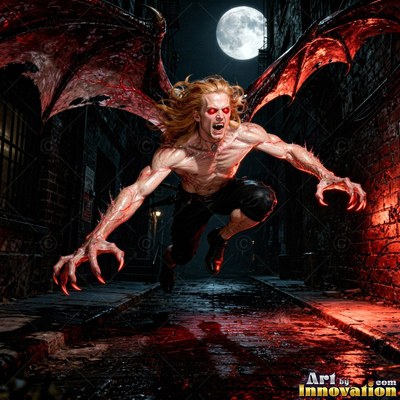 Leaping forward in an alley, a winged vampire man bares sharp fangs under the moon