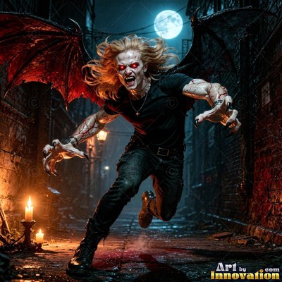 A blond vampire man with bat wings lunges through a dark alley