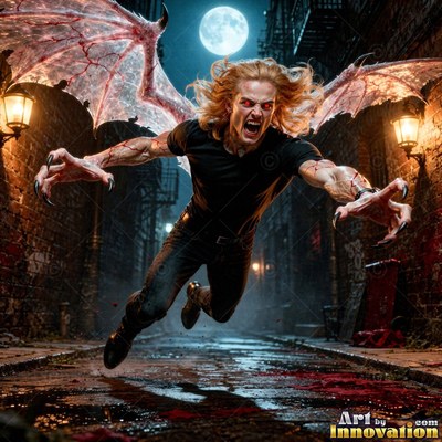 Clawed hands reaching, a blond winged man lunges forward down a dark brick alley