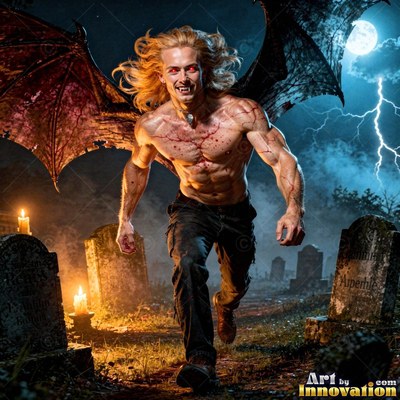 A winged man runs through a graveyard under cold lightning and moonlight