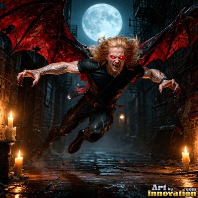 Leaping forward through a dark alley, a blond man with red wings lunges under a full moon