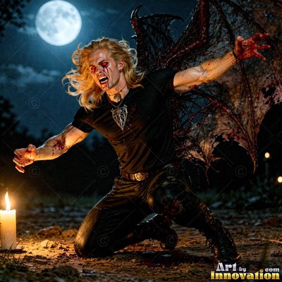A blond vampire man with bat wings kneels outdoors under a full moon