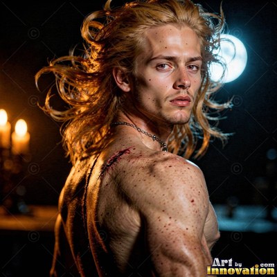 In the dark near a round light, a blond man bare from the waist up turns with scratches on his back