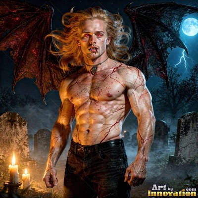 Standing in a foggy graveyard, a shirtless man displays dark wings and bloody skin